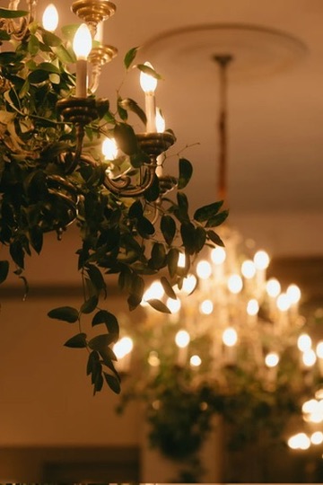 Antique chandeliers draped in fresh greenery and candlelight above a wedding reception
