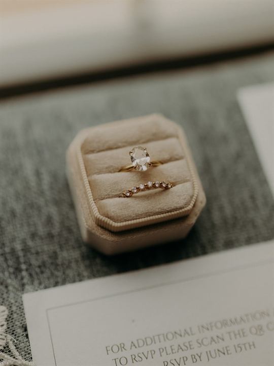 Wedding rings displayed in a ring box